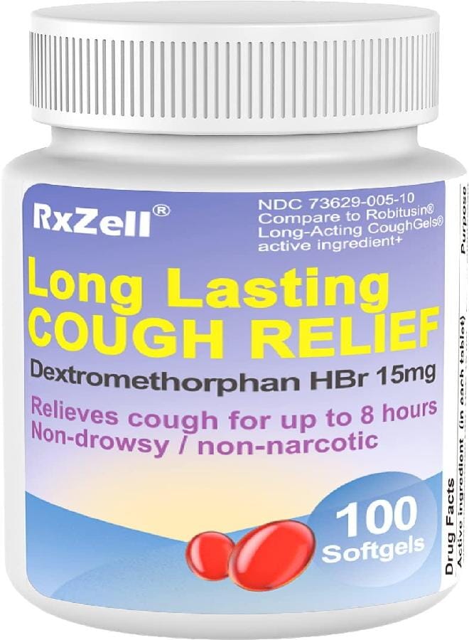 RXZELL Adult Cough Relief, Dextromethorphan HBr 15mg (200 Softgels), 8 Hour Long Lasting, Non-Drowsy, Cough/Bronchial Suppressant - Image 1